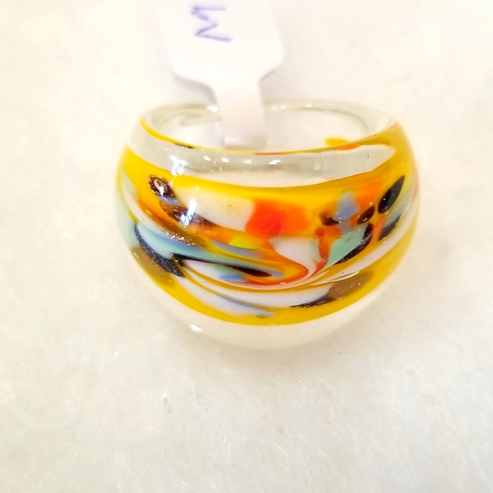 Murano Style Glass Millefiori Flowered Multicolored Dome Cocktail Ring US Seller